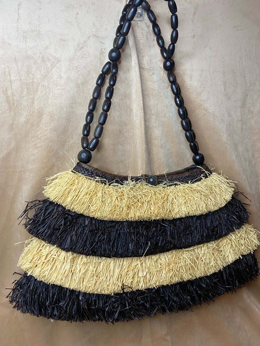 Boho Vacation Resort Woven Straw Clutch with Fringe and Beaded Handle - Picture 2 of 7